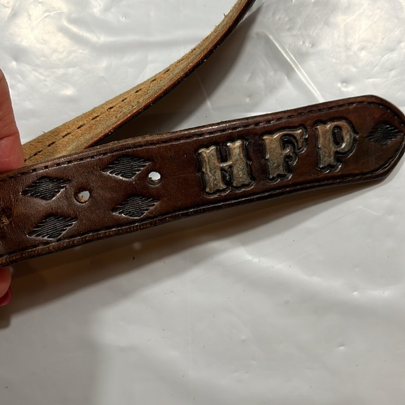 Vintage Brown Leather Belt with Black Heart Motif and Brass Initials HFP - Picture 8 of 10